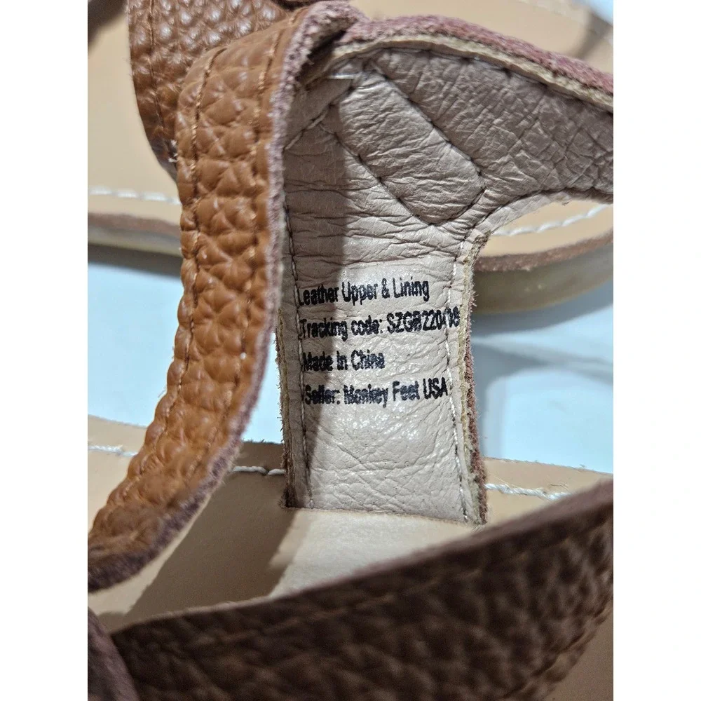 Monkey Feet Girls Brown Braided Leather T Strap Sandals Size 5 6Y
